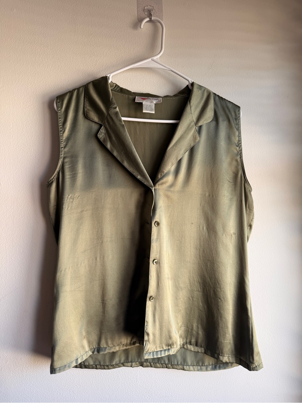 Vintage 100% Silk Cristina Olive Green Satin Vest Button Front M